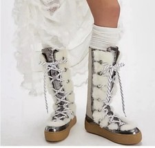 Free People Wilder Metallic Silver Cream Shearling Laced Mukluk Boots NEW 9