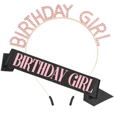 Birthday Girl Sash and Tiara Set - Pink and Black Glitter Sash, Crown, Rhineston