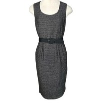 Calvin Klein  Dress Navy Blue Tweed Sleeveless Belted Sheath