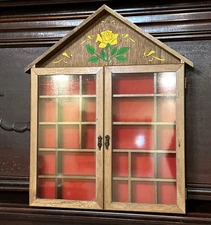 VTG Wooden House Wall Curio Miniature Display Cabinet Red Velvet Painted Rose