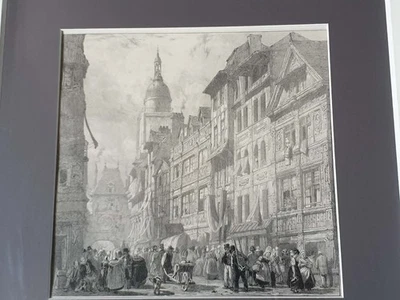 Richard Parkes Bonington Rue du Gros Horloge, Rouen Gravure originale - Photo 1/2