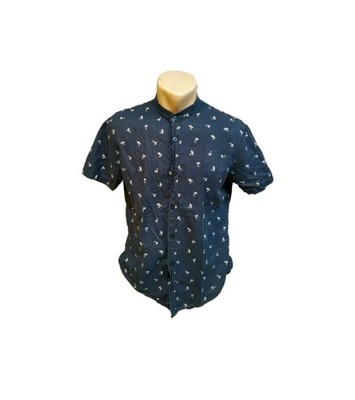 TRN1961 Men's Shirt  M Blue White Palm Tree Print Short Sleeve Grandad Collar