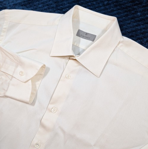 Canali 1934 Mens Dress Shirt Ivory 46-18 100% Cotton Barrel Cuff Made In Italy
