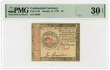 (CC-90) January 14, 1779 $4 Continental Currency Note - PMG VF 30 EPQ