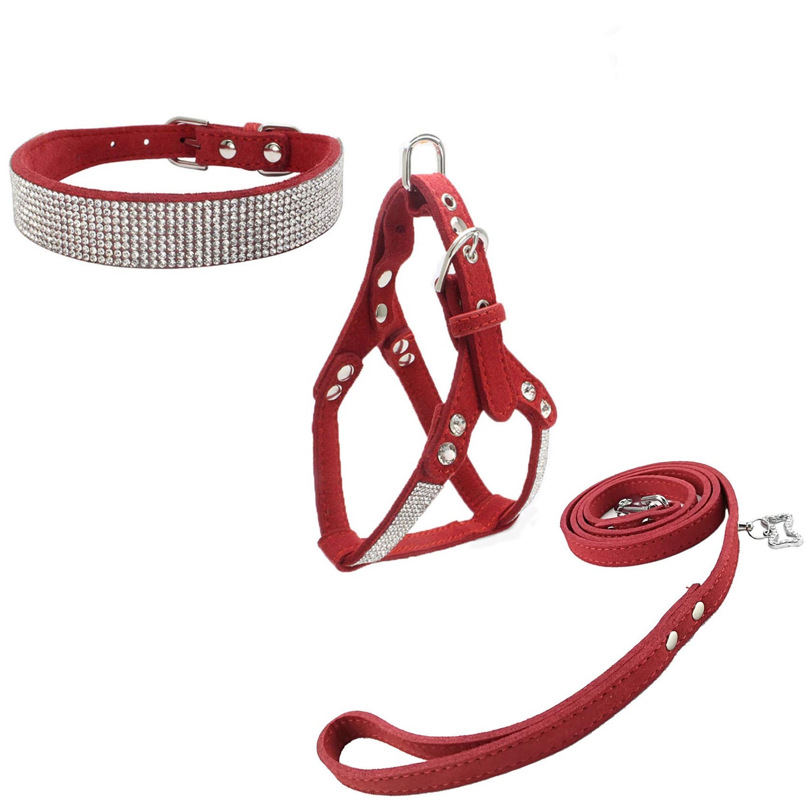 Kit Cane Newtensina: Collare Pettorina Guinzaglio Suede e Diamanti