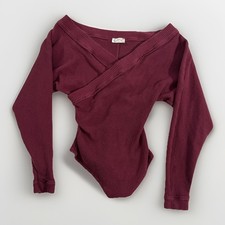 Free People Intimately Burgundy Faux Wrap Long Sleeve Bodysuit XS Boho Ribbed