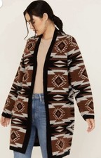 Shyanne Southwestern Duster Open Front Cardigan Brown Gray Black Medium