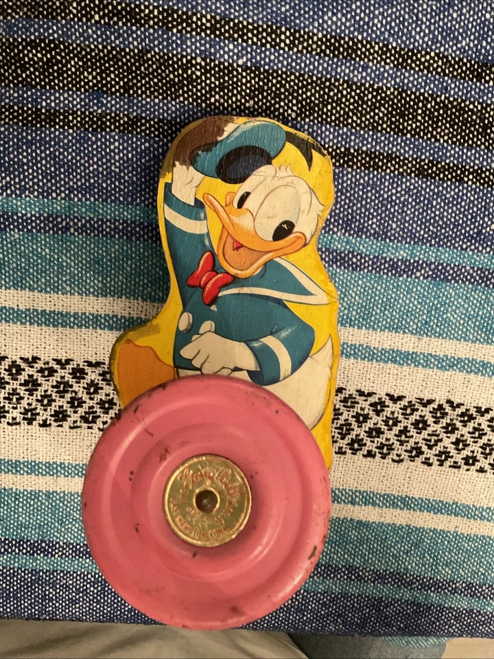 Vintage Donald Duck Club Gong Bell Mfg Wooden Push Pull Toy, No Handle - Image 3 of 4