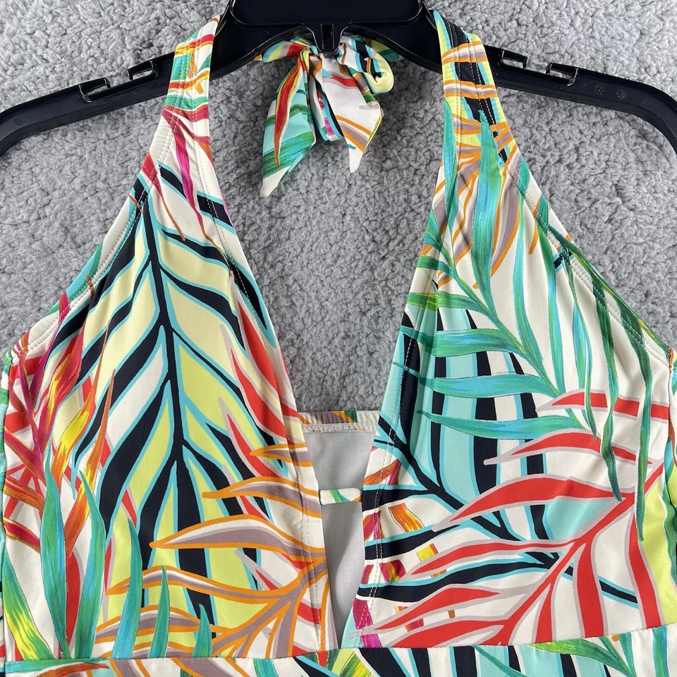 Traje de baño Kenneth Cole Top para mujer mediano blanco rojo verde halter hojas tropical Foto 2 de 4