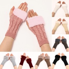 Ladies Fur Knit Half-Finger Fingerless Glove Winter Arm Hand Wrist Warmer Mitten