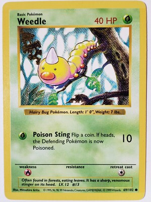 SHADOWLESS Weedle 69/102 LP - 1999 Base Pokemon Card $2 Combined