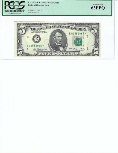 1977 $5 FRN FR1974-E* PCGS Cur. 63 PPQ, Richmond * Note S/N E02552065*!!! - 第 1/2 張圖片