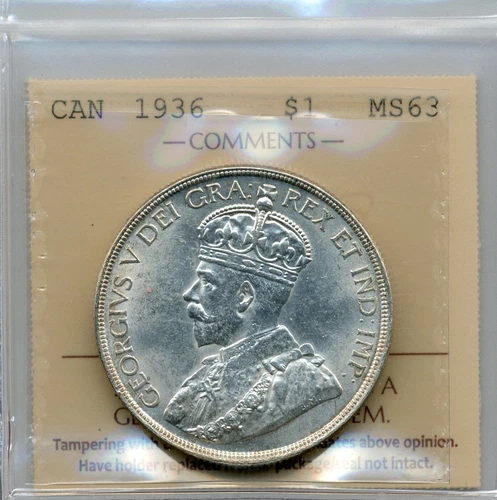 1936 Canadian Silver Dollar - ICCS Uncirculated MS63