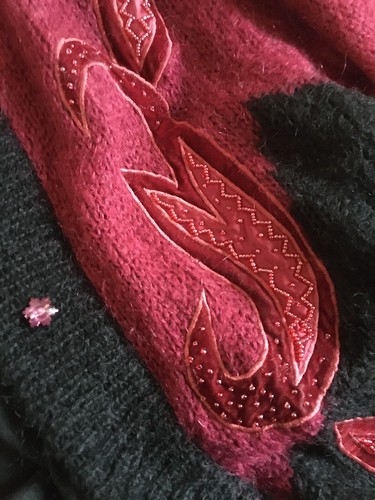 80er Strickjacke Strickmantel schwarz Applikation Blätter Stickerei Lana Wolle - Bild 3 von 4