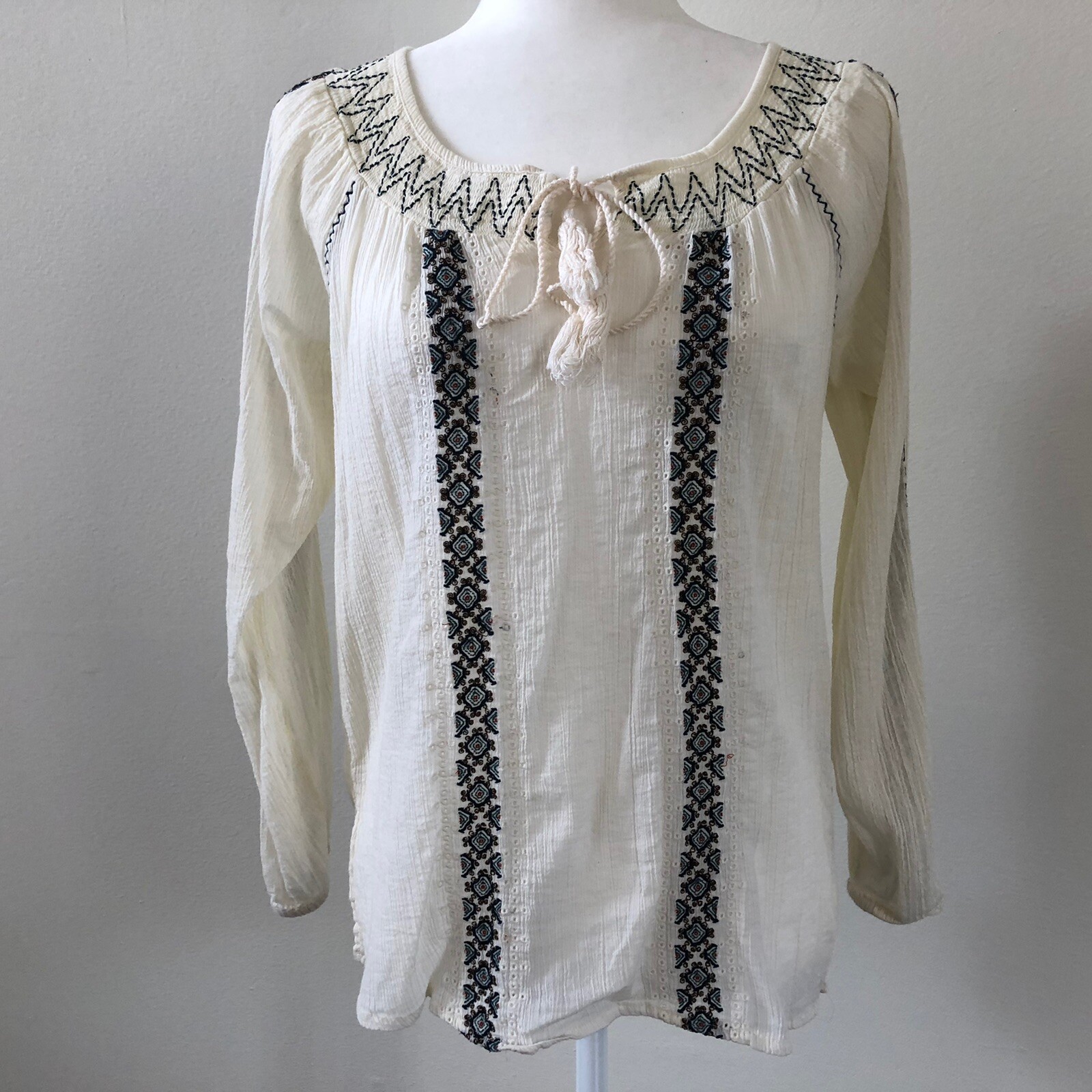 Vintage American Jeans Women’s Ivory Embroidered LS Boho Blouse Sz S N3
