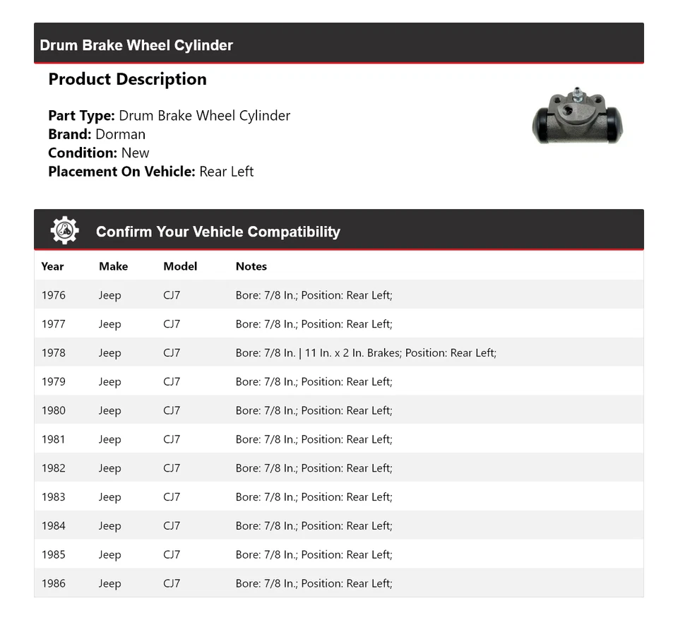 Cilindro de rueda de freno de tambor trasero izquierdo para Jeep CJ7 1976-1986 Dorman 1977 1978 1979 Foto 2 de 3