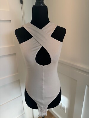 Bayse Brand Peyton sexy key hole cross front halter ribbed bodysuit natural M