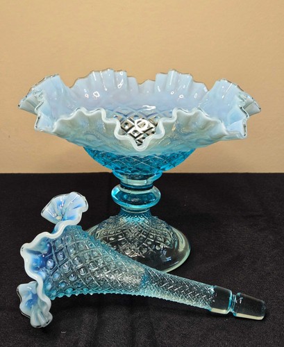 Fenton - Ciotola vaso tulipano Epergne blu mare opalescente diamante piano cottura - Vintage - Foto 3 di 10