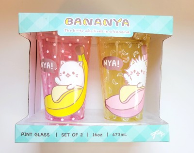NEW Bananya 'Just Funky' Set of 2 Drinking Glasses NYA Cat Kitty Pink & Yellow 