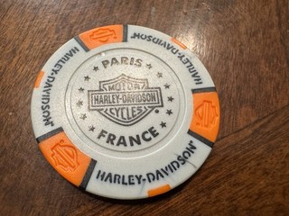 PARIS FRANCE Harley Davidson SHOP Poker Chip 5 CHIPS SHIP FREE orange white