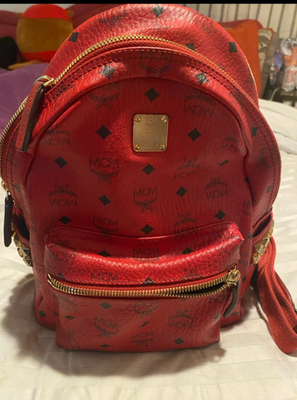 #ad MCM Stark Side Studs Backpack Visetos Monogram Candy Red $165.00