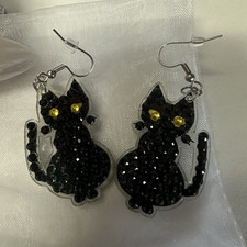 Black Cat Dangle/Drop Hook Earrings Black Round Simulated Rhinestone Animal