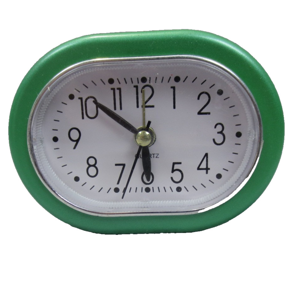 Travel Analog Alarm Clock Battery Operated Green & White Small Desktop 3.5"