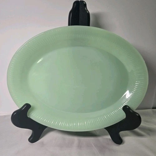 Vintage Fire King Jadeite Jane Ray Oval Platter – Ribbed Edge - Mint Green MCM