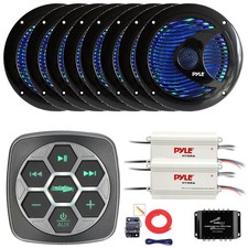 Metra Marine Boat Controller, 8x 6.5'' RGB LED Speakers, 2x Amp, Splitter, Kit