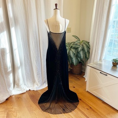 VTG Dave Johnny by Laura Ryner Dress 13 14 Small Black Velvet Maxi Beaded Mesh