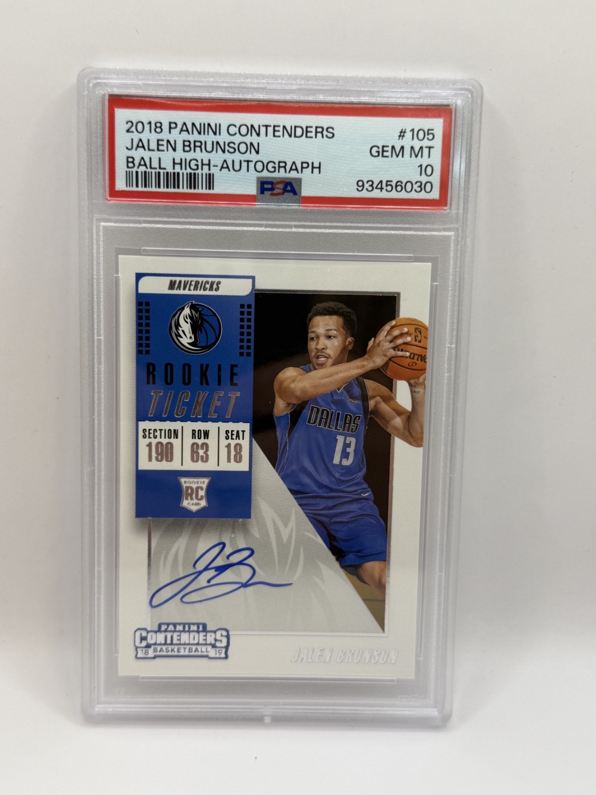 2018-19 Panini Contenders Jalen Brunson Rookie Ticket Auto #105 PSA 10 Ball High