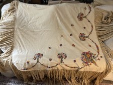 ANTIQUE EMBROIDERED PIANO SHAWL WRAP Wool Fringe