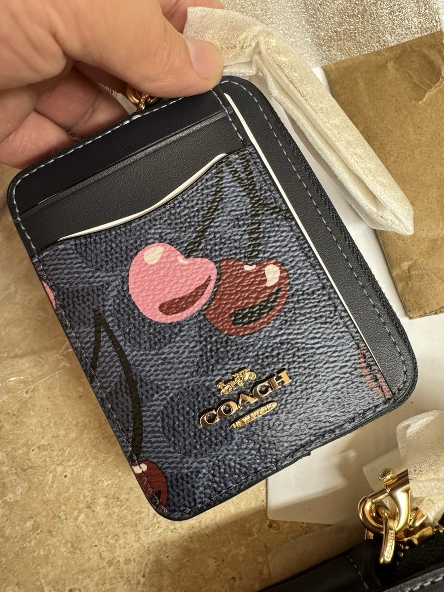 Coach CZ468 Zip Card Case Signature Cherry Mini Wallet Denim Multi