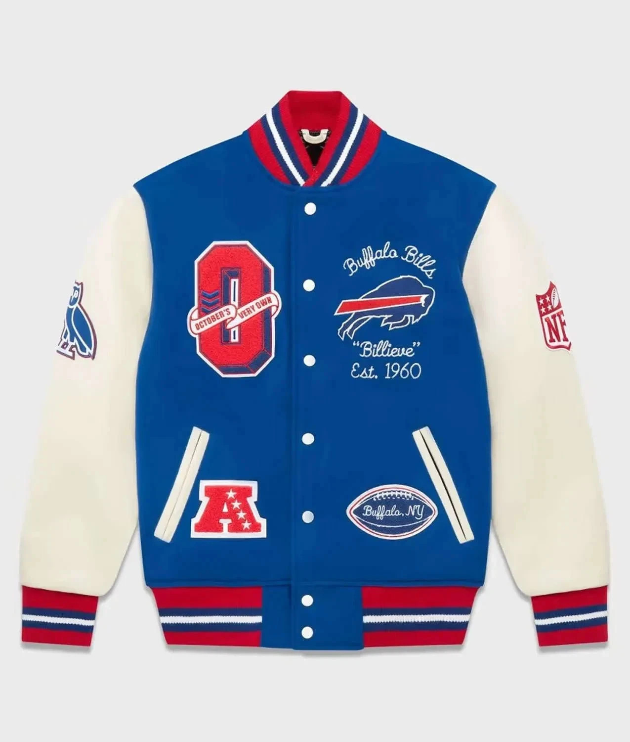Men’s Royal Blue & White Wool & Leather Varsity Letterman Jacket – Free Shipping