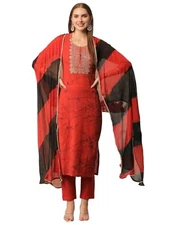 GoSriKi Women's Cotton Blend Printed Straight Kurta with Pant & Dupatta