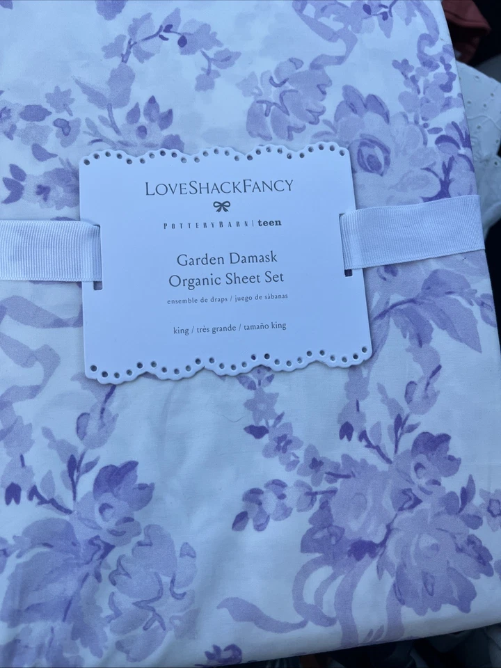 Новый с ценниками набор простыней Pottery Barn Teen LoveShackFancy Garden Damask Organic King фиолетовый - Изображение 4 из 4