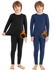 2 Sets Boys Thermal Underwear Fleece Lined Compression Shirt Leggings Pants K...