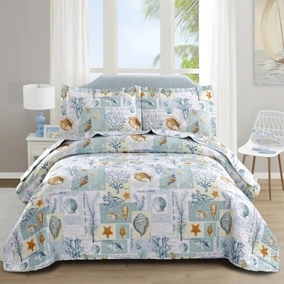 Ocean Beach Theme Quilts Set Size Conch Seashell Full/Queen Conch Letter