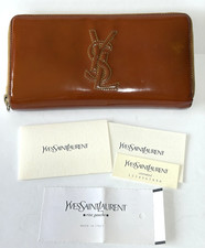 Yves Saint Laurent long wallet YSL logo patent leather brown with accessories