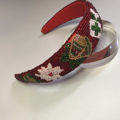Vintage Christmas Beaded Headband 1.5" Wide Bells, Poinsettia, Presents - Picture 2 of 8
