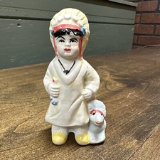 VINTAGE Japan Bisque NATIVE AMERICAN INDIAN CHILD Dog Doll Figurine Statue 4"