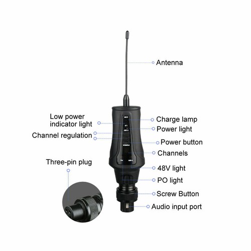 UHF Wireless Receiver Transmitter System for Dynamic Condenser Microphone 48V In - Photo 4/10