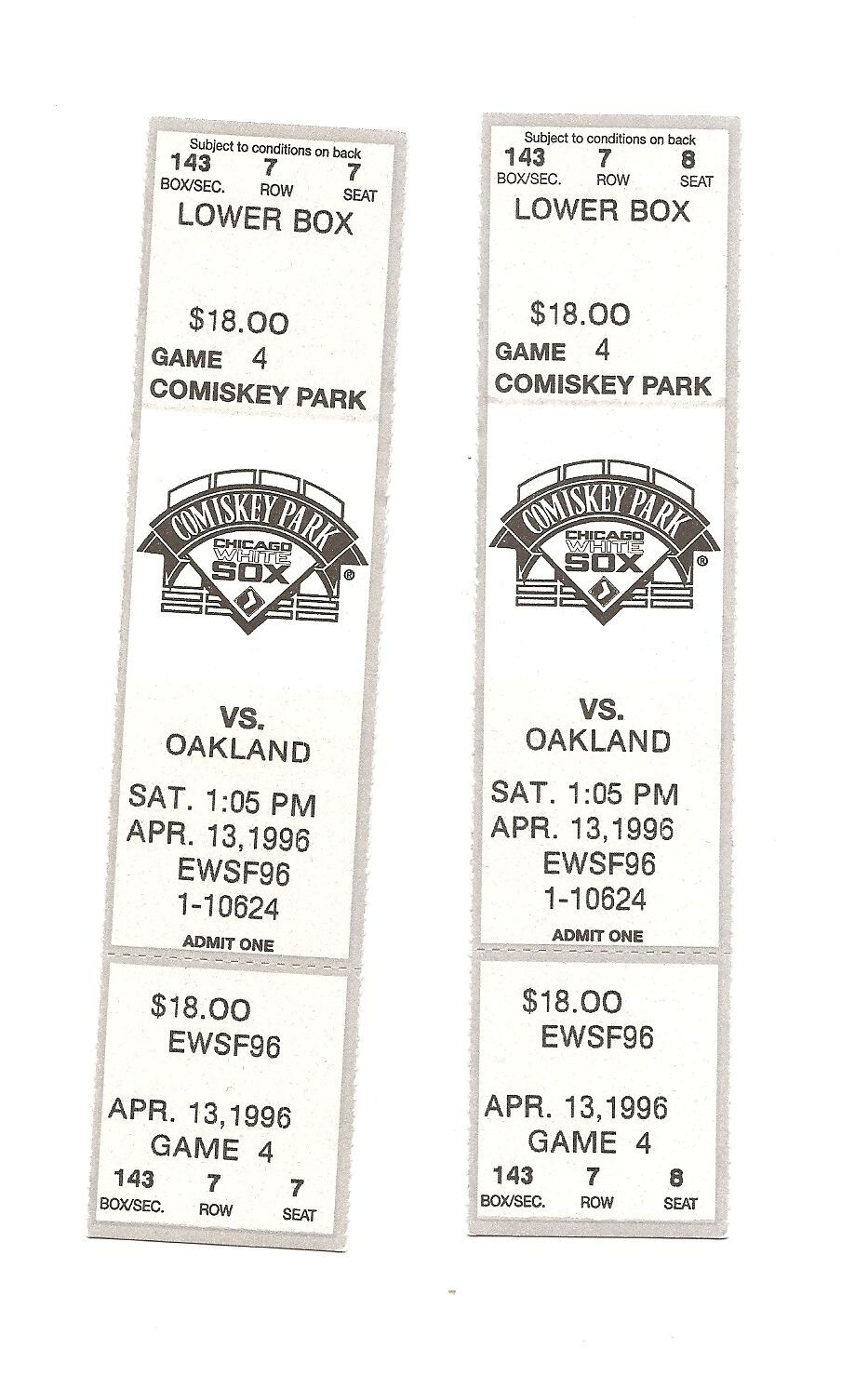 Chicago White Sox vs Oakland A's unused Baseball Tickets from 4/13/1996