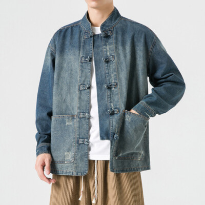 Chinese Style Mens Denim Tang Zhuang Jean Jacket Loose Coat