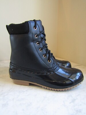 NIB JustFab Evi Duck Black Onyx Cold Weather Block Heel Boots Women's Size 7