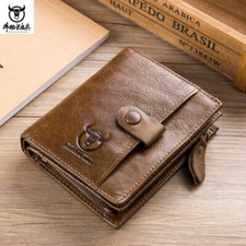 BULLCAPTAIN Genuine Leather RFID Blocking Wallet Card ID Holder Zipper Mens