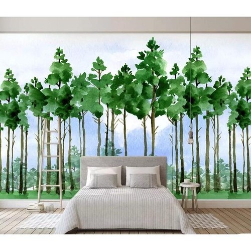 Forest Cartoon Poplar Tree Landscape Removable Wallpaper Green H98" x
