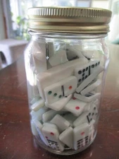 JAR FULL OF 91 SMALL DOMINO'S PIECES & 2 LARGE GAMETILE ASSORTED  PIECES