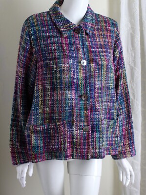 AMAZING FABRIC Chico's Sz 2 L SILK WOVEN Textural Fiber Art Jacket Colorful