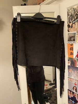 Forever 21 faux suede black fringe mini skirt short size medium m